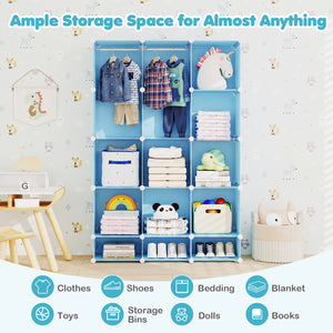 Modular Baby Wardrobe with 13 Cubes and Hanging Rod and Shelves Stackable-Blue