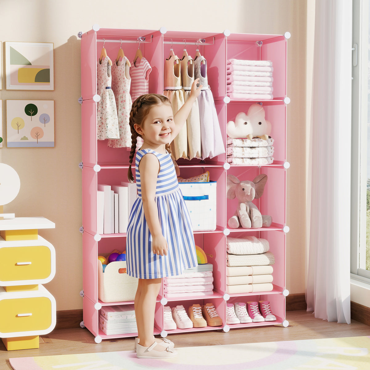 Modular Baby Wardrobe with 13 Cubes and Hanging Rod and Shelves Stackable-Pink