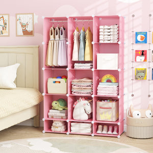 Modular Baby Wardrobe with 13 Cubes and Hanging Rod and Shelves Stackable-Pink