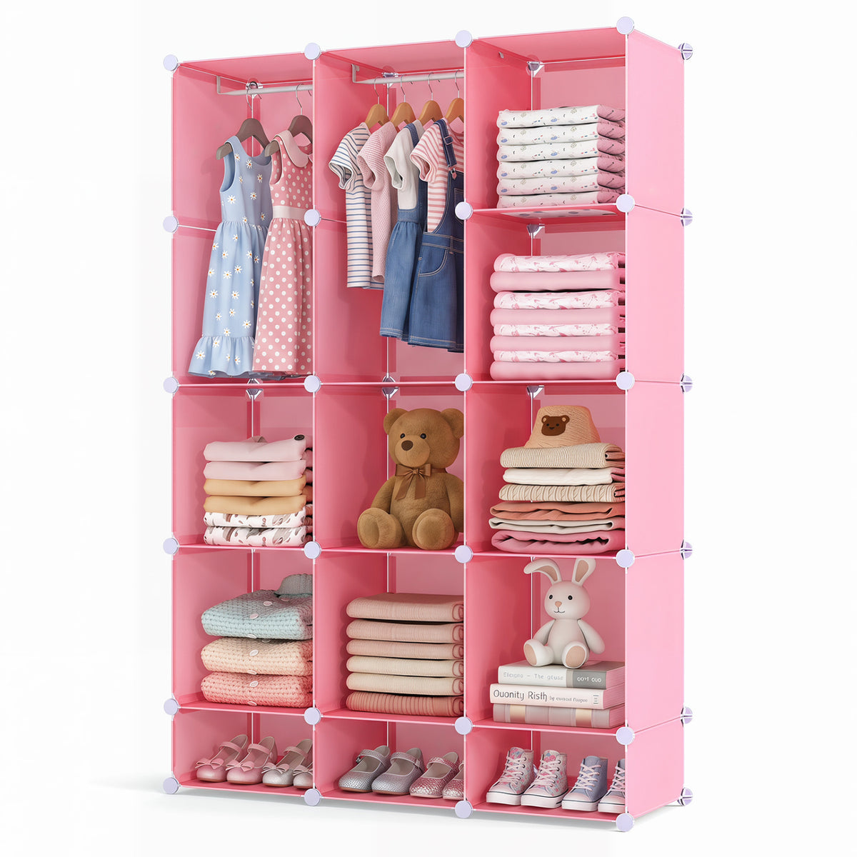 Modular Baby Wardrobe with 13 Cubes and Hanging Rod and Shelves Stackable-Pink