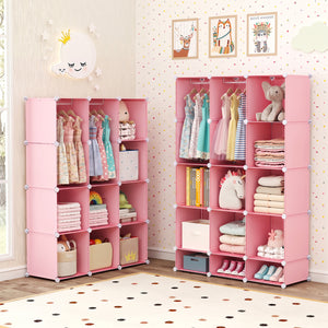 Modular Baby Wardrobe with 13 Cubes and Hanging Rod and Shelves Stackable-Pink
