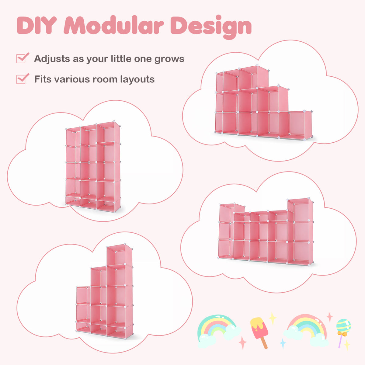 Modular Baby Wardrobe with 13 Cubes and Hanging Rod and Shelves Stackable-Pink