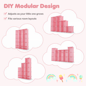 Modular Baby Wardrobe with 13 Cubes and Hanging Rod and Shelves Stackable-Pink