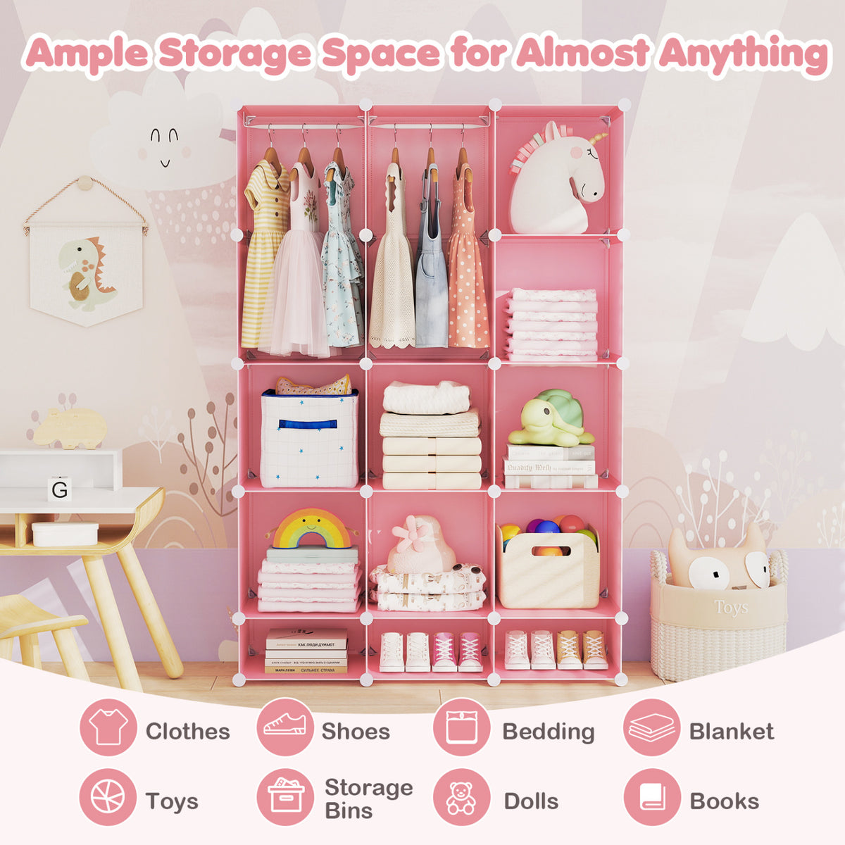 Modular Baby Wardrobe with 13 Cubes and Hanging Rod and Shelves Stackable-Pink