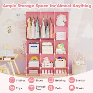 Modular Baby Wardrobe with 13 Cubes and Hanging Rod and Shelves Stackable-Pink