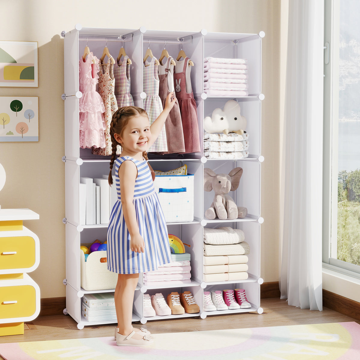 Modular Baby Wardrobe with 13 Cubes and Hanging Rod and Shelves Stackable-White