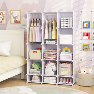 Modular Baby Wardrobe with 13 Cubes and Hanging Rod and Shelves Stackable-White
