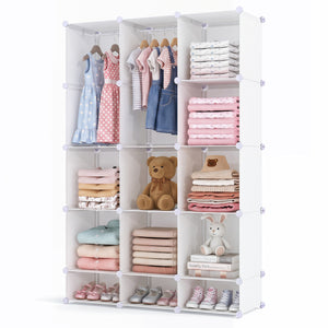 Modular Baby Wardrobe with 13 Cubes and Hanging Rod and Shelves Stackable-White