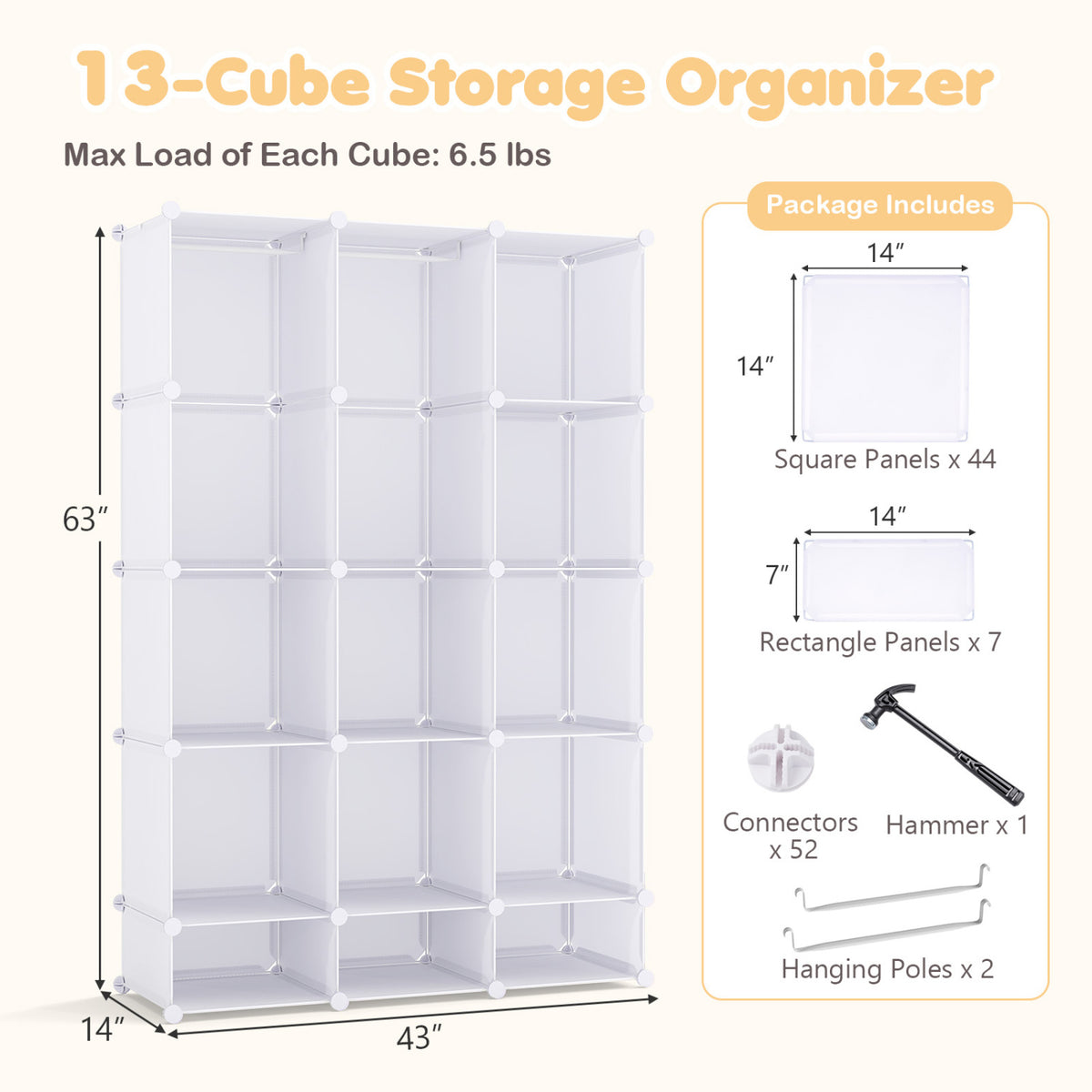 Modular Baby Wardrobe with 13 Cubes and Hanging Rod and Shelves Stackable-White