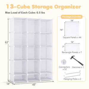 Modular Baby Wardrobe with 13 Cubes and Hanging Rod and Shelves Stackable-White
