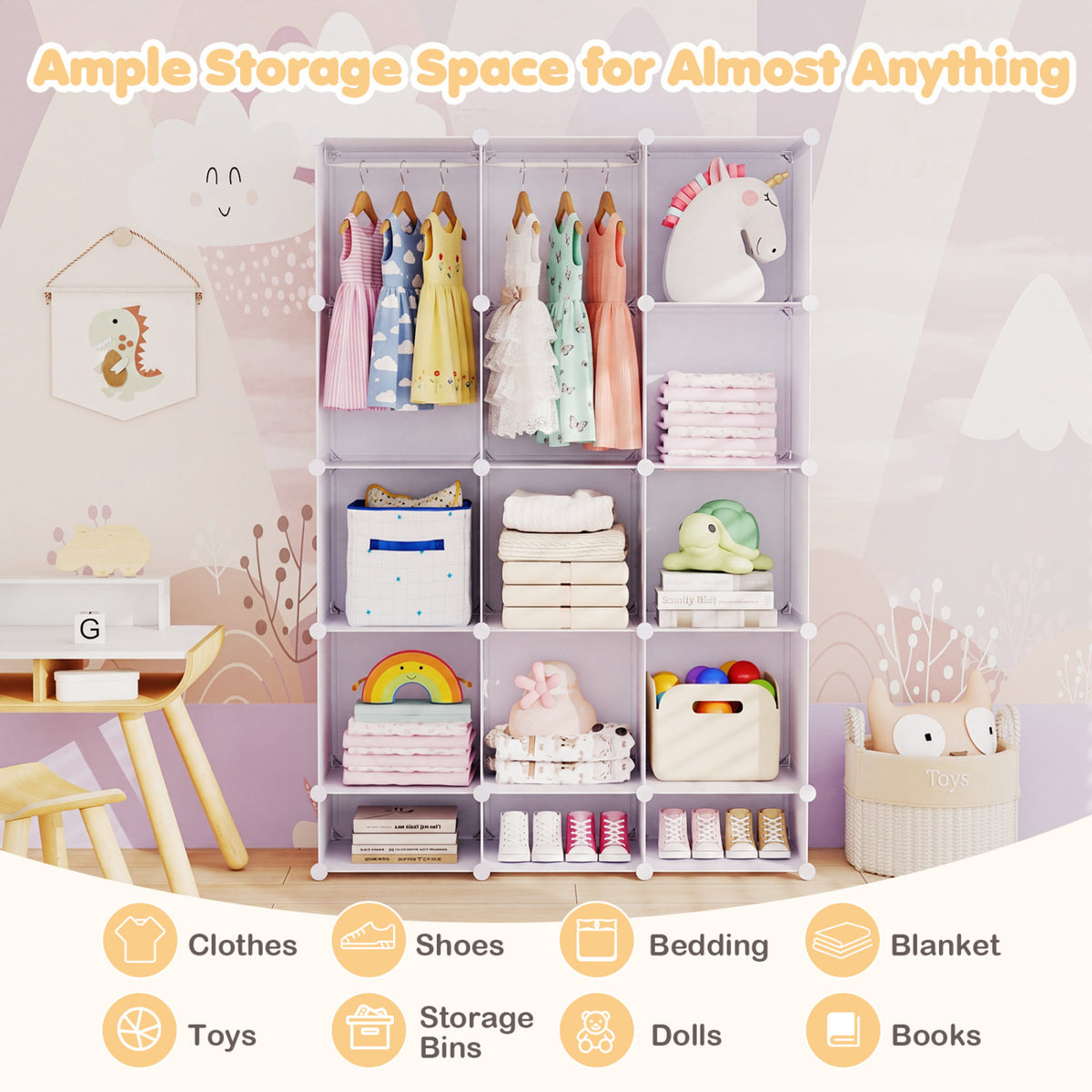Modular Baby Wardrobe with 13 Cubes and Hanging Rod and Shelves Stackable-White