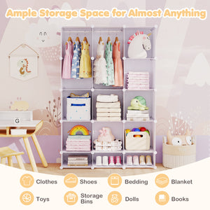 Modular Baby Wardrobe with 13 Cubes and Hanging Rod and Shelves Stackable-White