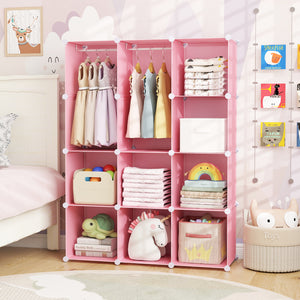 Modular Baby Wardrobe with 10 Cubes & Hanging Rod and Shelves Stackable-Pink