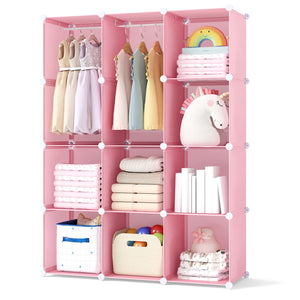 Modular Baby Wardrobe with 10 Cubes & Hanging Rod and Shelves Stackable-Pink