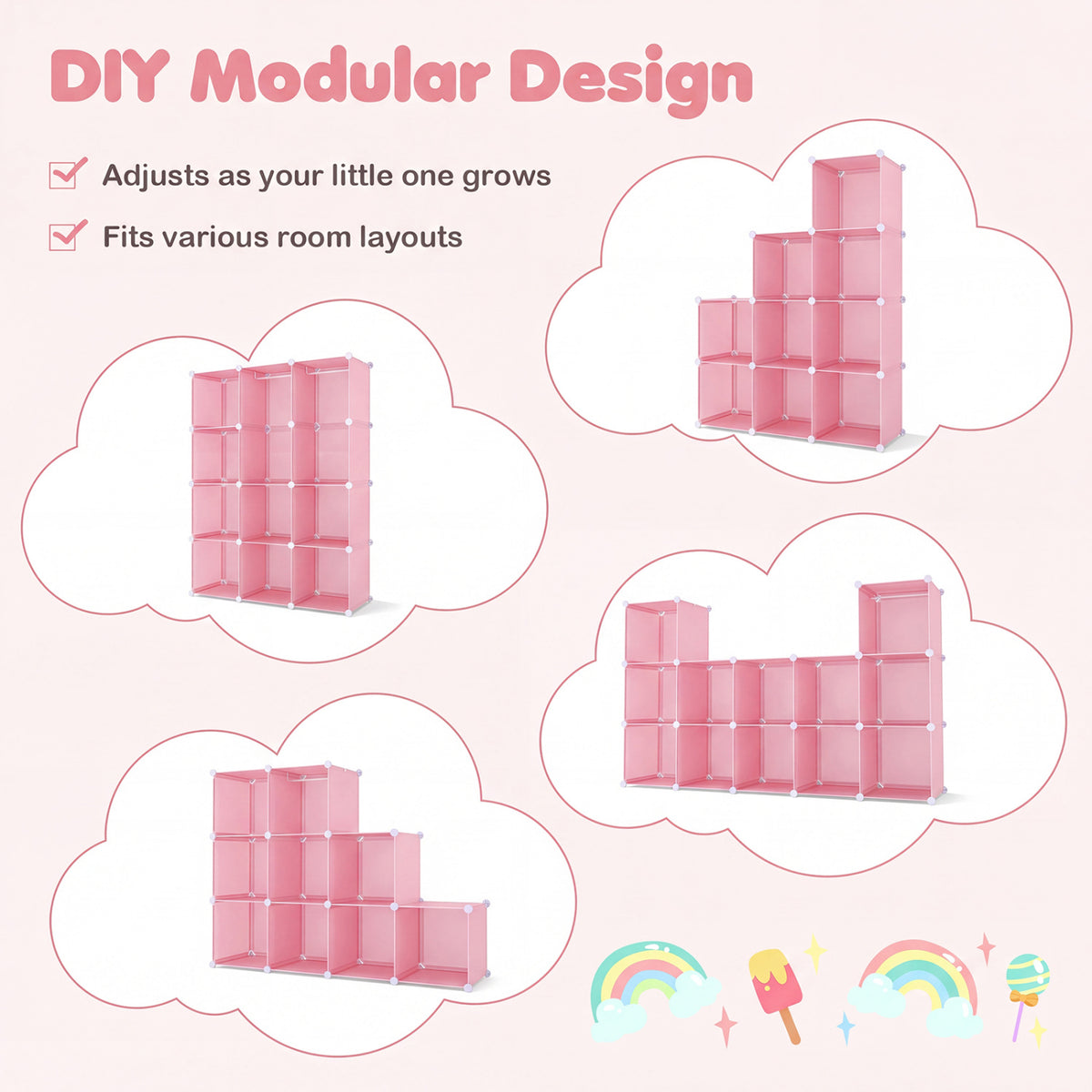 Modular Baby Wardrobe with 10 Cubes & Hanging Rod and Shelves Stackable-Pink