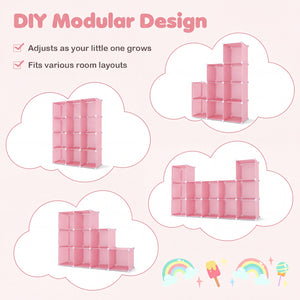 Modular Baby Wardrobe with 10 Cubes & Hanging Rod and Shelves Stackable-Pink