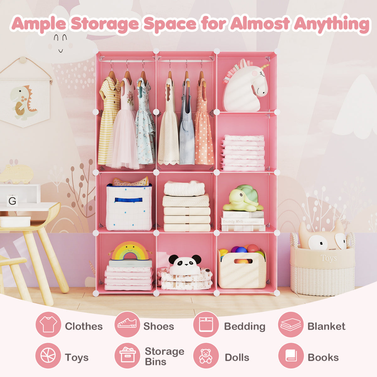 Modular Baby Wardrobe with 10 Cubes & Hanging Rod and Shelves Stackable-Pink