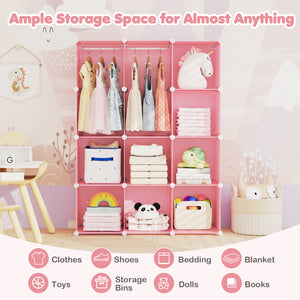 Modular Baby Wardrobe with 10 Cubes & Hanging Rod and Shelves Stackable-Pink