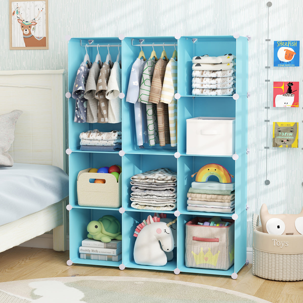 Modular Baby Wardrobe with 10 Cubes & Hanging Rod and Shelves Stackable-Blue