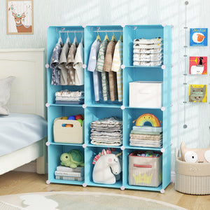 Modular Baby Wardrobe with 10 Cubes & Hanging Rod and Shelves Stackable-Blue