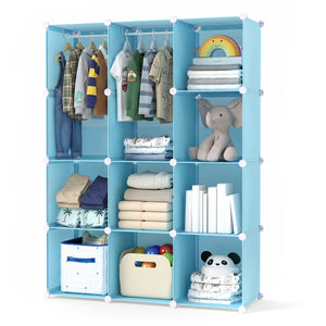 Modular Baby Wardrobe with 10 Cubes & Hanging Rod and Shelves Stackable-Blue