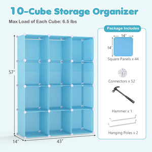Modular Baby Wardrobe with 10 Cubes & Hanging Rod and Shelves Stackable-Blue
