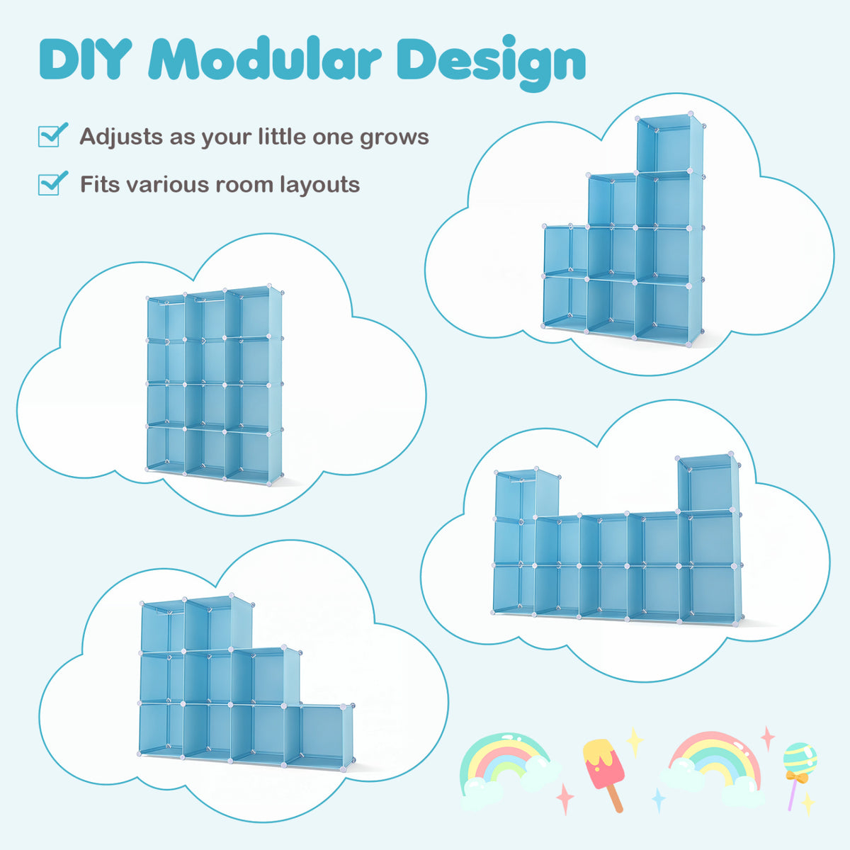 Modular Baby Wardrobe with 10 Cubes & Hanging Rod and Shelves Stackable-Blue