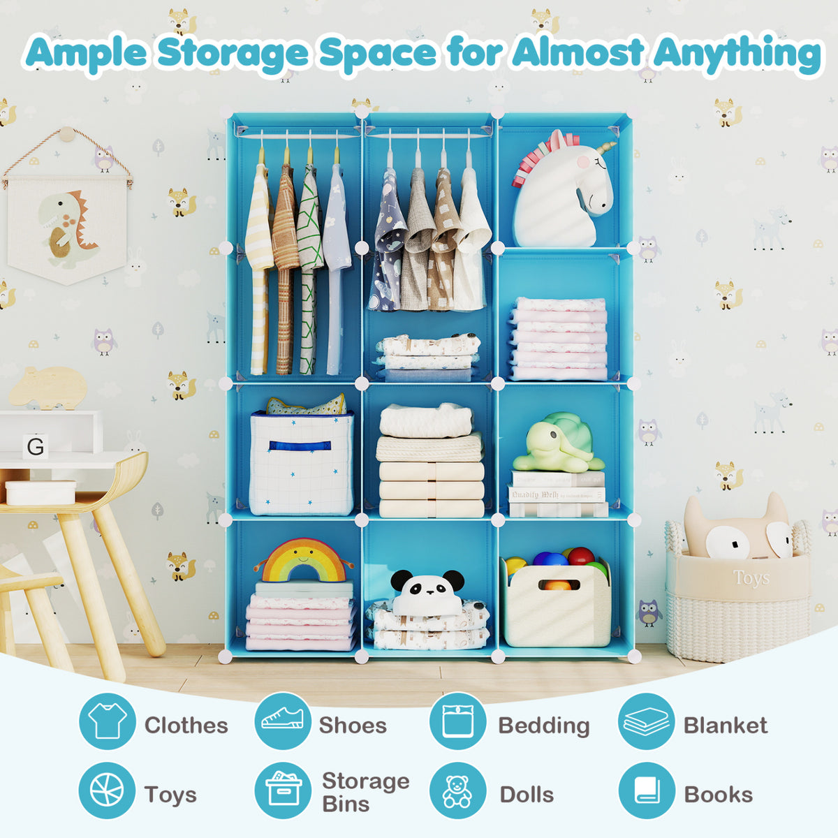 Modular Baby Wardrobe with 10 Cubes & Hanging Rod and Shelves Stackable-Blue
