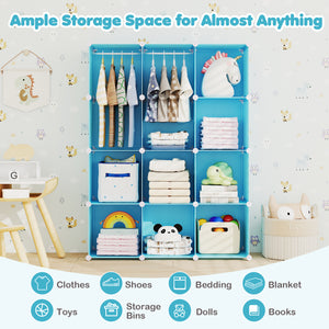 Modular Baby Wardrobe with 10 Cubes & Hanging Rod and Shelves Stackable-Blue