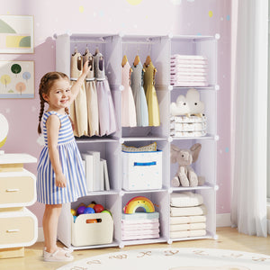 Modular Baby Wardrobe with 10 Cubes & Hanging Rod and Shelves Stackable-White