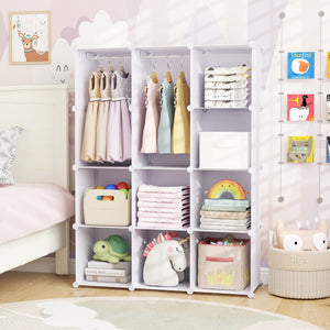 Modular Baby Wardrobe with 10 Cubes & Hanging Rod and Shelves Stackable-White