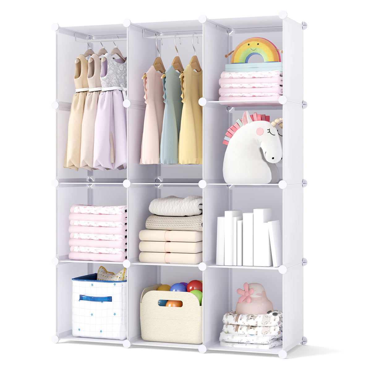 Modular Baby Wardrobe with 10 Cubes & Hanging Rod and Shelves Stackable-White