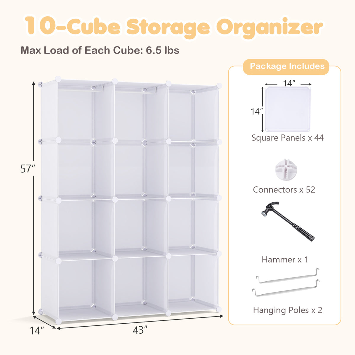 Modular Baby Wardrobe with 10 Cubes & Hanging Rod and Shelves Stackable-White