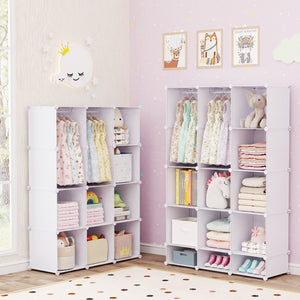 Modular Baby Wardrobe with 10 Cubes & Hanging Rod and Shelves Stackable-White