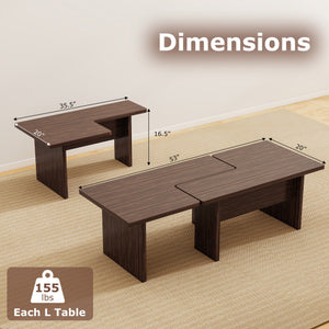 Modular Coffee Table Set of 2 L Shaped Center Tables for Small Space-Walnut
