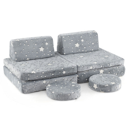 Modular Kids Play Couch Set Glow in the Dark with Portable Handles-Gray