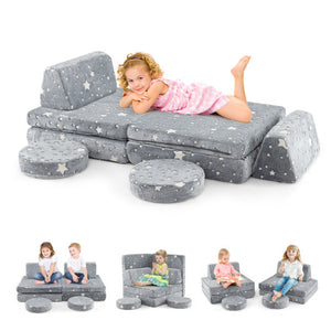 Modular Kids Play Couch Set Glow in the Dark with Portable Handles-Gray