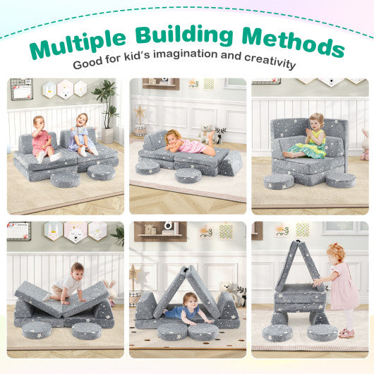 Modular Kids Play Couch Set Glow in the Dark with Portable Handles-Gray