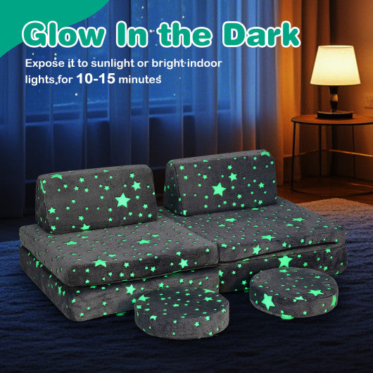 Modular Kids Play Couch Set Glow in the Dark with Portable Handles-Gray