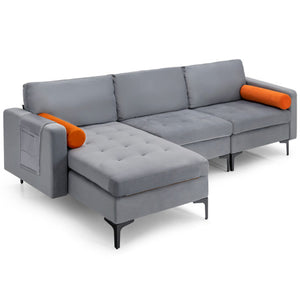 Modular L-shaped 3-Seat Sectional Sofa with Reversible Chaise and 2 USB Ports-Gray