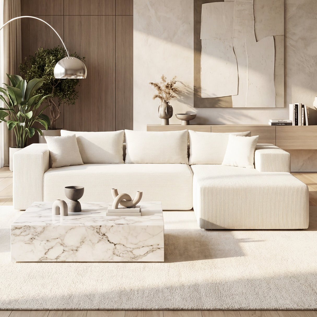 Modular Sectional Sofa Corduroy Upholstered L-shaped Sofa Couch with Deep Seats-Beige