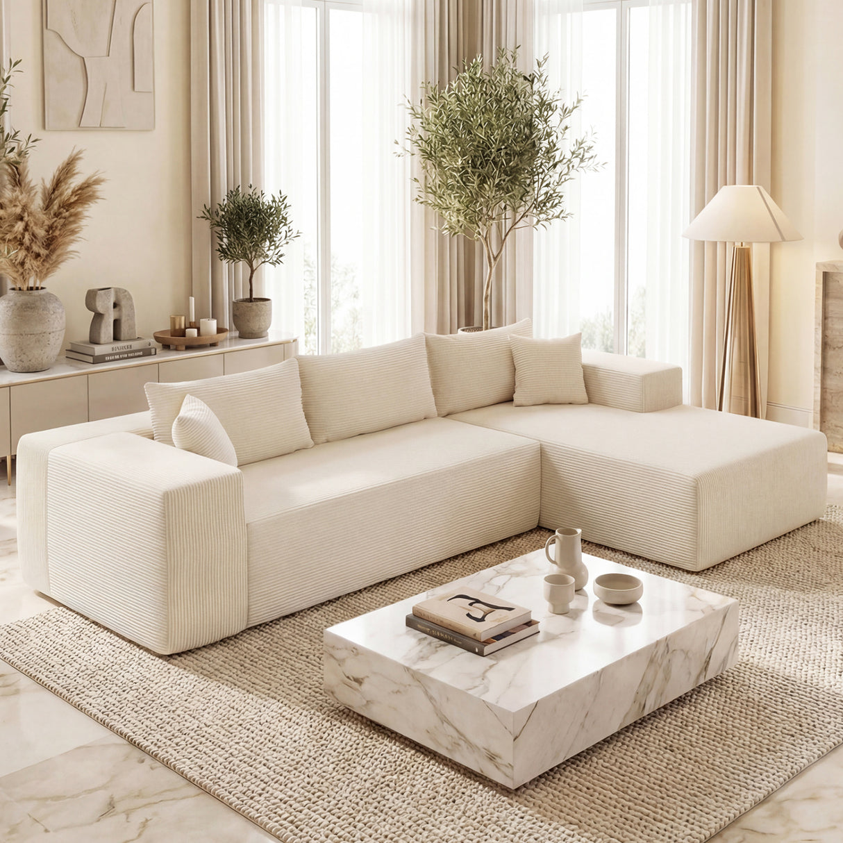Modular Sectional Sofa Corduroy Upholstered L-shaped Sofa Couch with Deep Seats-Beige