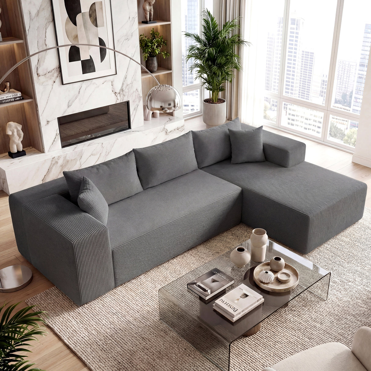 Modular Sectional Sofa Corduroy Upholstered L-shaped Sofa Couch with Deep Seats-Gray