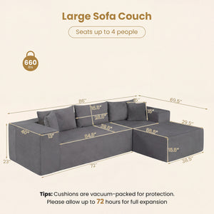Modular Sectional Sofa Corduroy Upholstered L-shaped Sofa Couch with Deep Seats-Gray
