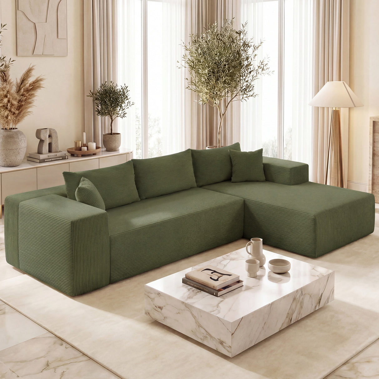 Modular Sectional Sofa Corduroy Upholstered L-shaped Sofa Couch with Deep Seats-Green