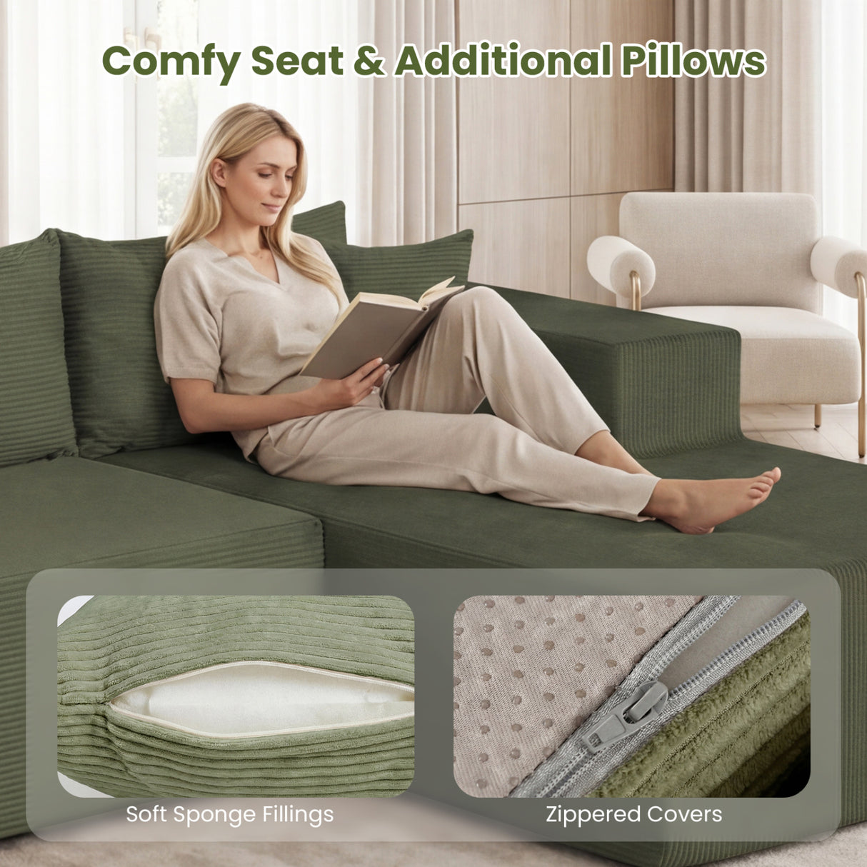 Modular Sectional Sofa Corduroy Upholstered L-shaped Sofa Couch with Deep Seats-Green