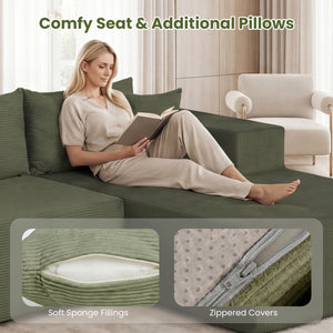 Modular Sectional Sofa Corduroy Upholstered L-shaped Sofa Couch with Deep Seats-Green