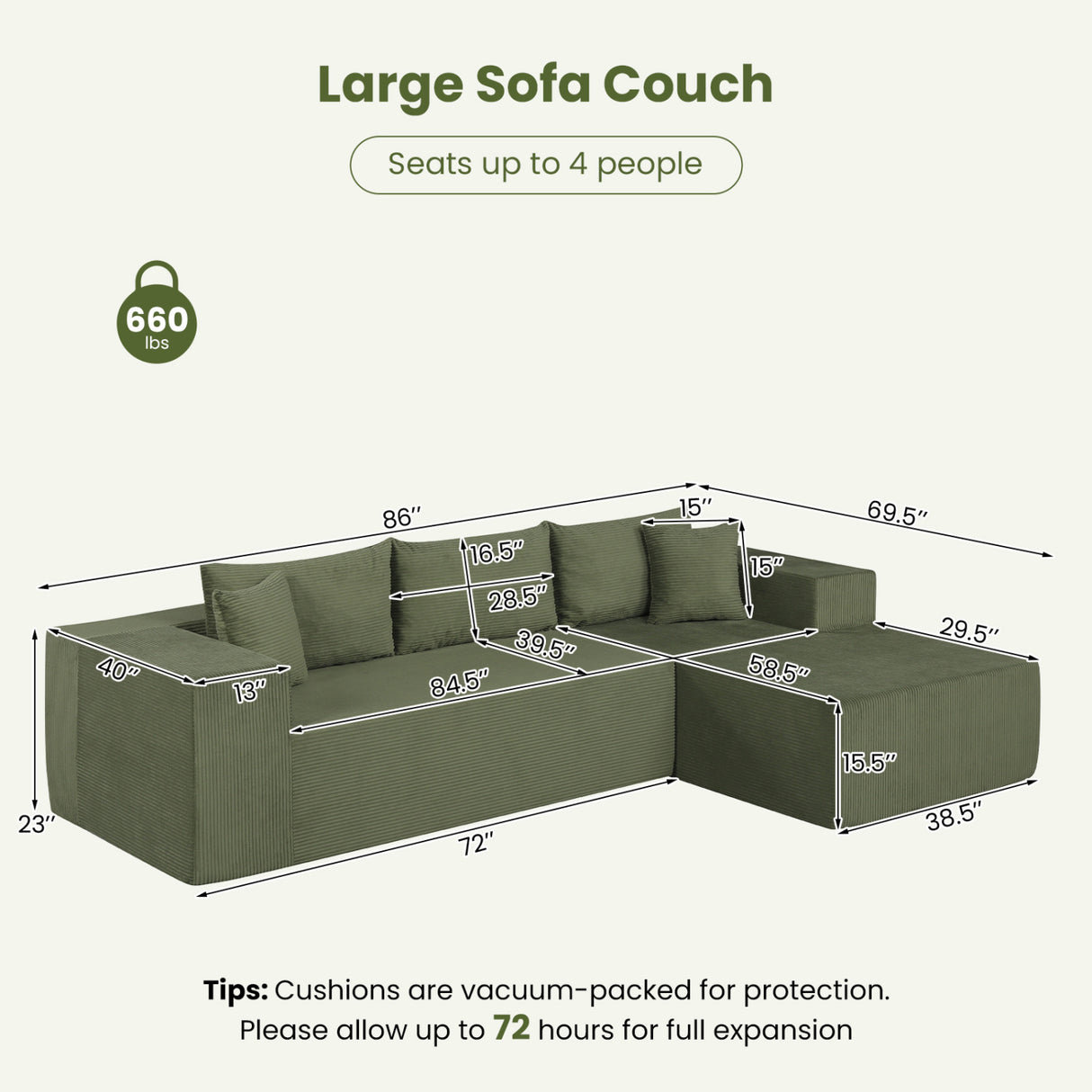 Modular Sectional Sofa Corduroy Upholstered L-shaped Sofa Couch with Deep Seats-Green