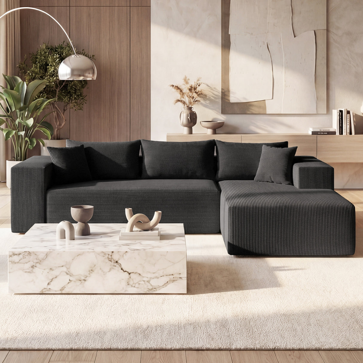Modular Sectional Sofa Corduroy Upholstered L-shaped Sofa Couch with Deep Seats-Black