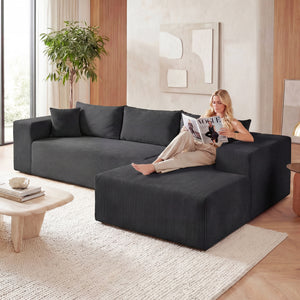 Modular Sectional Sofa Corduroy Upholstered L-shaped Sofa Couch with Deep Seats-Black